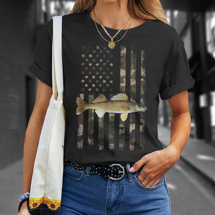 Walleye Camo American Flag Fishing Walleye T-Shirt - Monsterry UK