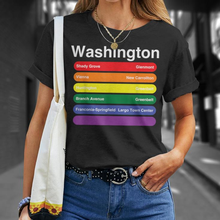 Washington Dc Pride Rainbow Flag Color Metro Train Lines T-Shirt Gifts for Her