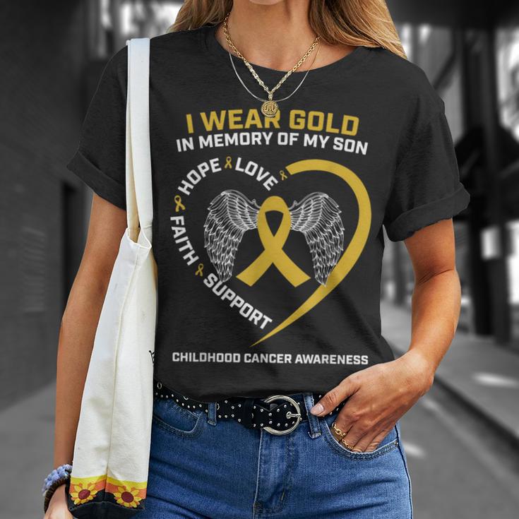 I Wear Gold In Memory Of My Son Childhood Cancer Awareness T-Shirt Gifts for Her