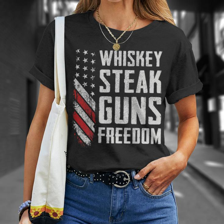 Whiskey Steak Guns Freedom Gun Bbq Drinking -On Back T-Shirt Gifts for Her