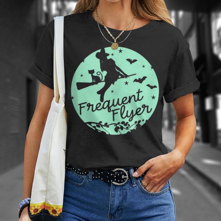 Witch Silhouette Moon Cat Bats Witchcraft Frequent Flyer T-Shirt Gifts for Her