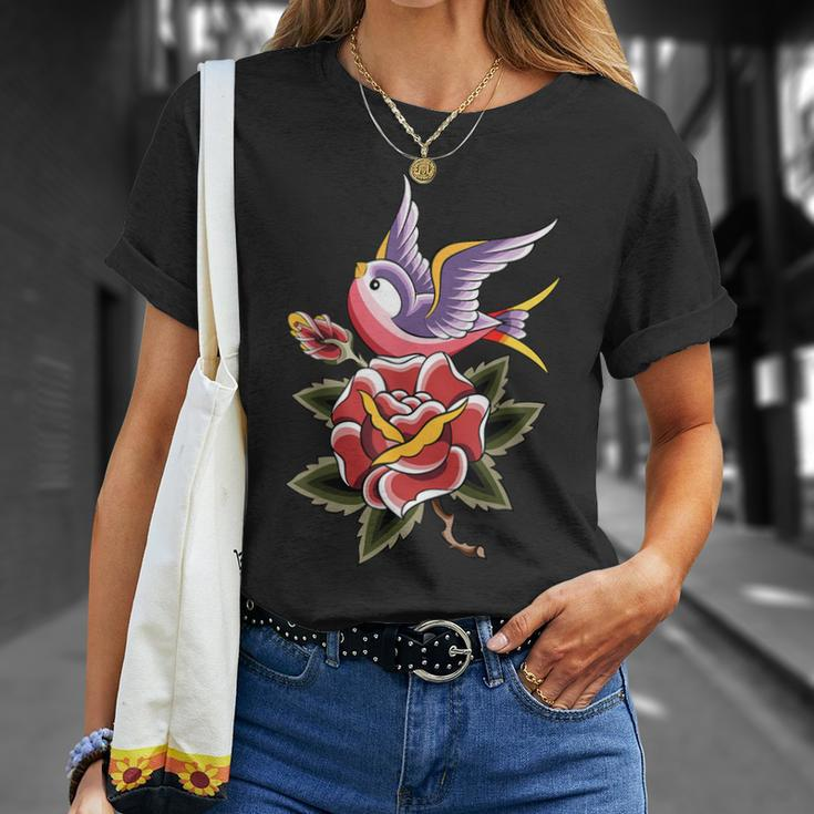 Women's Rose Swallow Vintage Retro Tattoo T-Shirt Gifts for Her