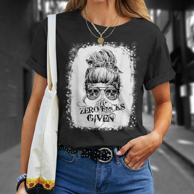 Zero Fucks Given Skull Messy Bun Hair Bleached T-Shirt Gifts for Her