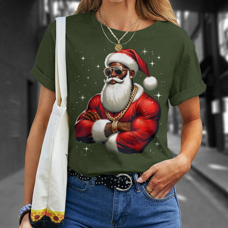 African American Santa Claus Family Christmas Black T-Shirt Gifts for Her