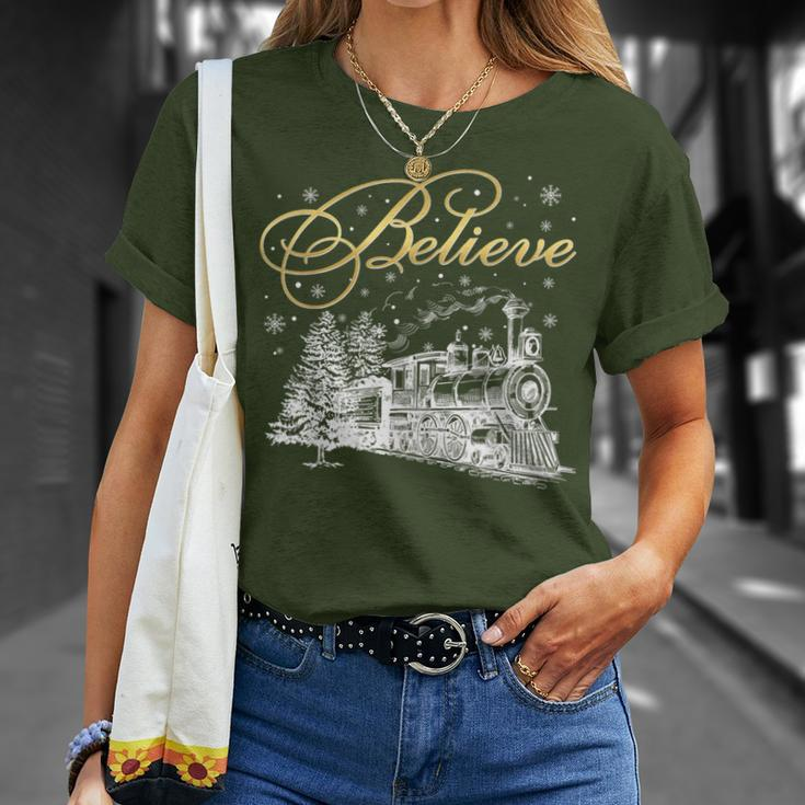 Believe Christmas North Pole Polar Express All Abroad Family T-Shirt Gifts for Her