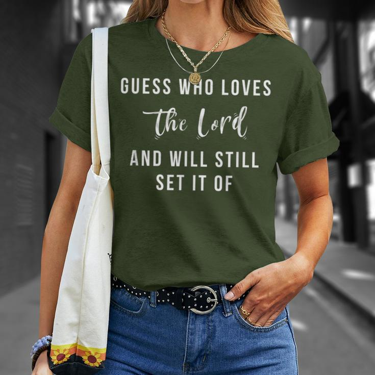 Guess Who Loves The Lord But Will Still Set It Off Christmas T-Shirt Gifts for Her