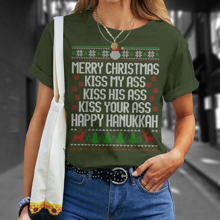 Happy Hanukkah Kiss My Ass His Ass Your Ass Merry Christmas T-Shirt Gifts for Her