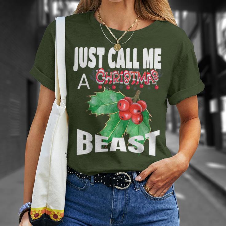 Just Call A Christmas Beast With Cute Holly Leaf T-Shirt Gifts for Her