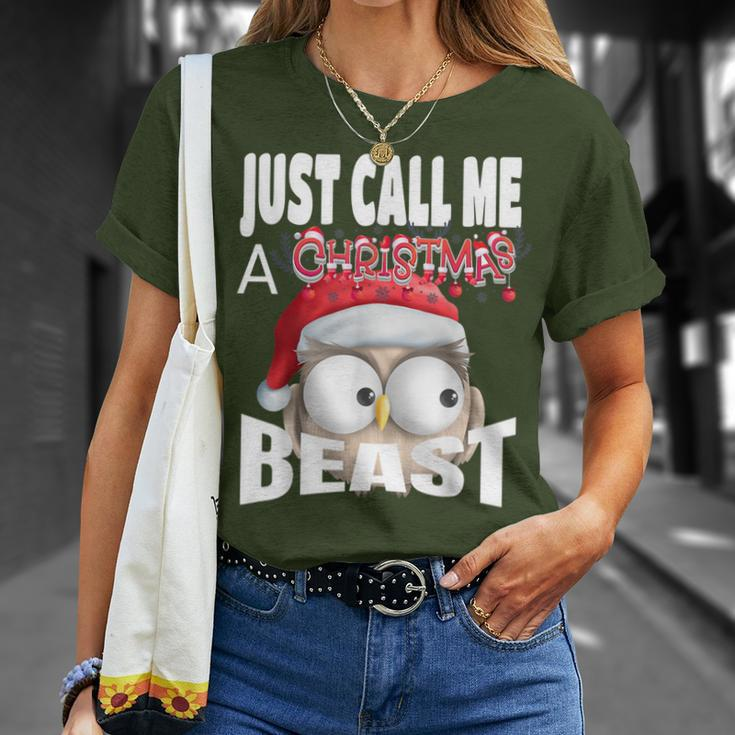 Just Call A Christmas Beast With Cute Little Owl N Santa Hat T-Shirt Gifts for Her