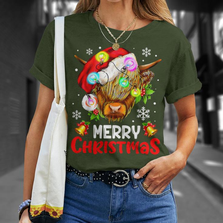 Merry Christmas Highland Cow Western Santa Hat Xmas Pajamas T-Shirt Gifts for Her