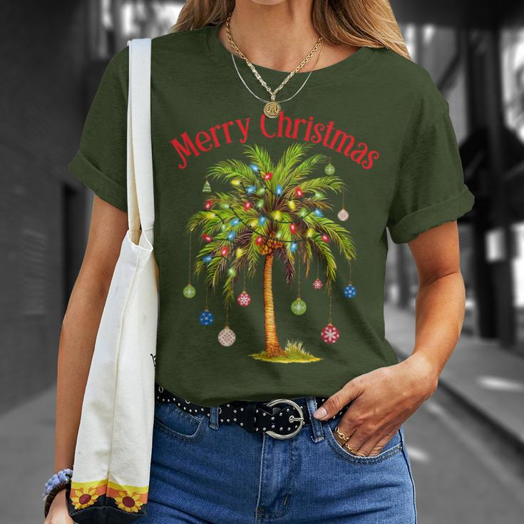 Merry Christmas Palm Tree Light Hawaiian Tropical Christmas T-Shirt Gifts for Her