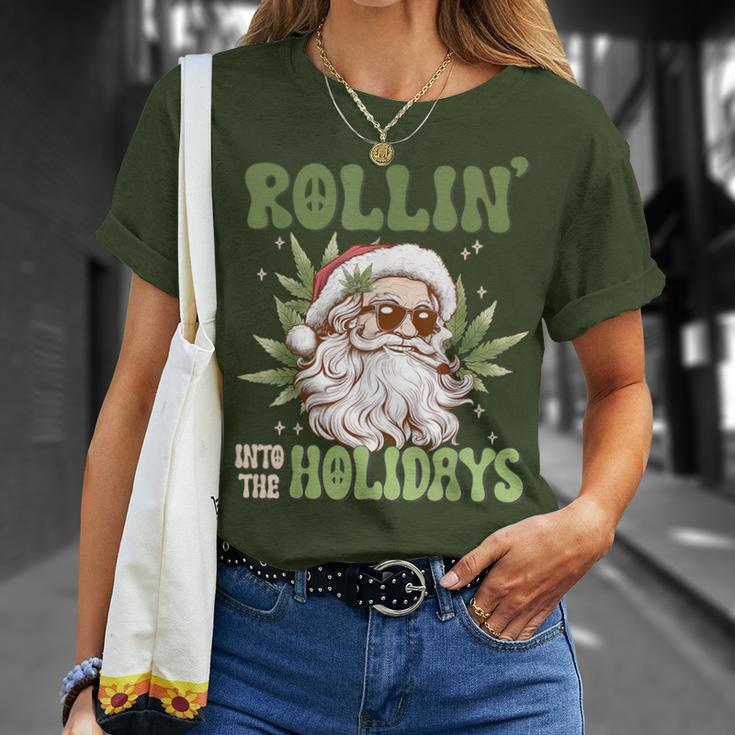 Rollin Into The Holidays Santa Black Marijuana Christmas T-Shirt Gifts for Her