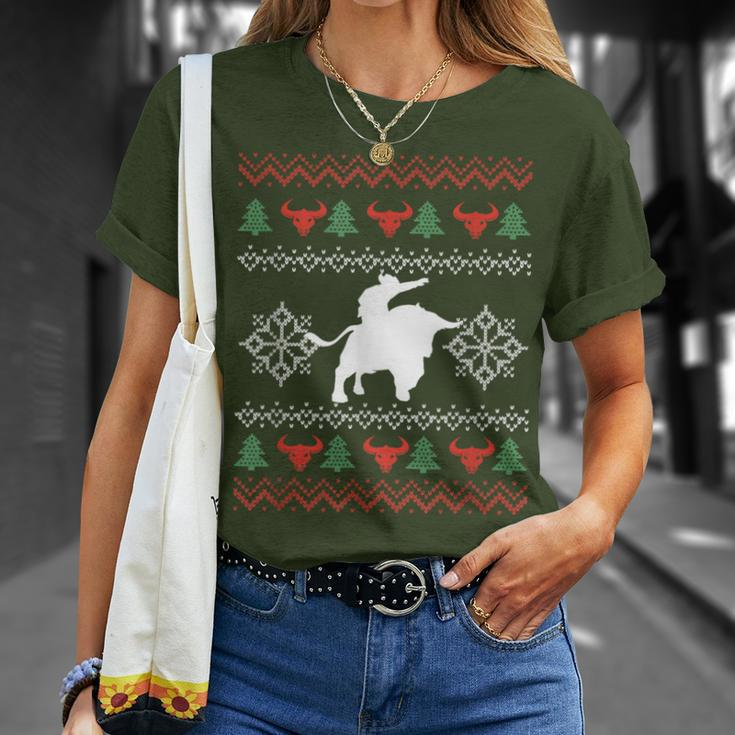 Ugly Christmas Bull Riding Cowboy Country Bull Rider T-Shirt Gifts for Her