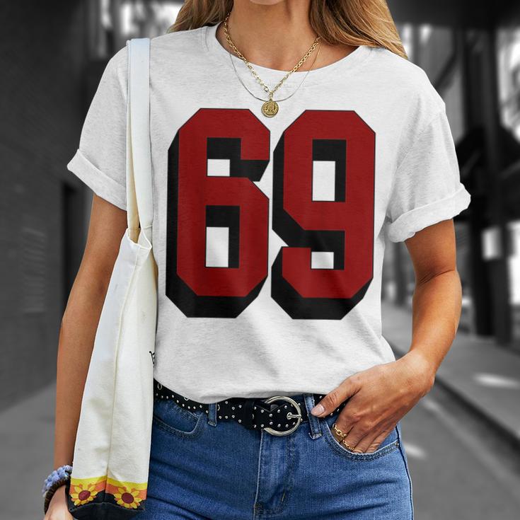 69 Number 69 Varsity Fan Sports Team White Jersey T-Shirt Gifts for Her