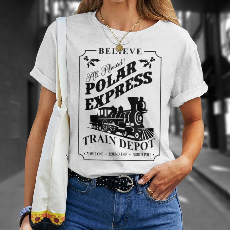 Believe All Abroad Polar Express Train Depot Christmas T-Shirt Gifts for Her