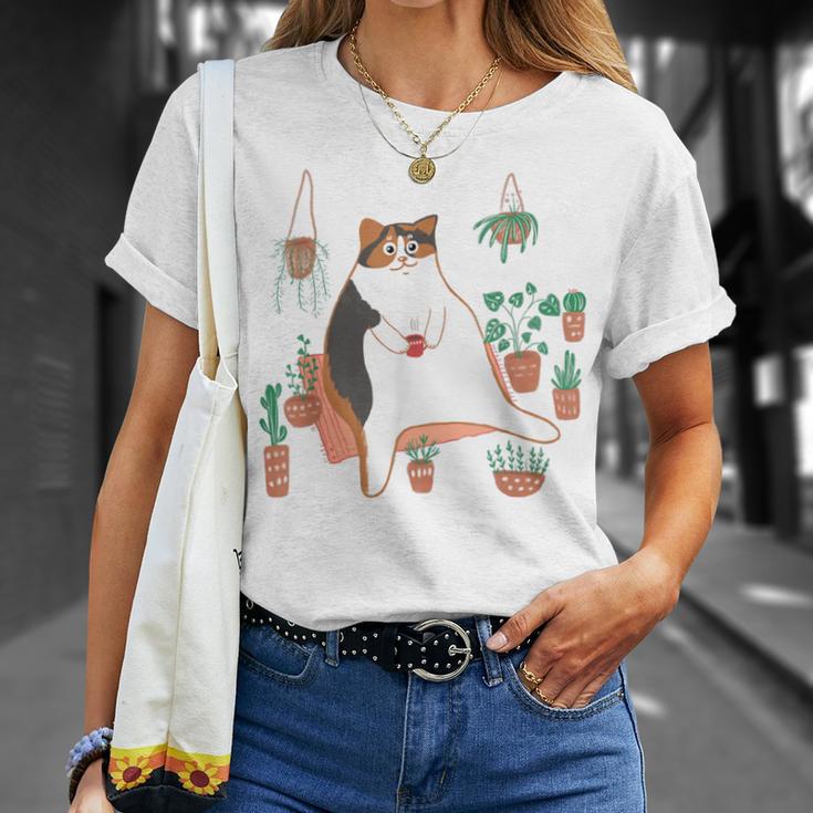 Calico Cat With Pot Plants Cat Lover For Mom Women T-Shirt Gifts for Her