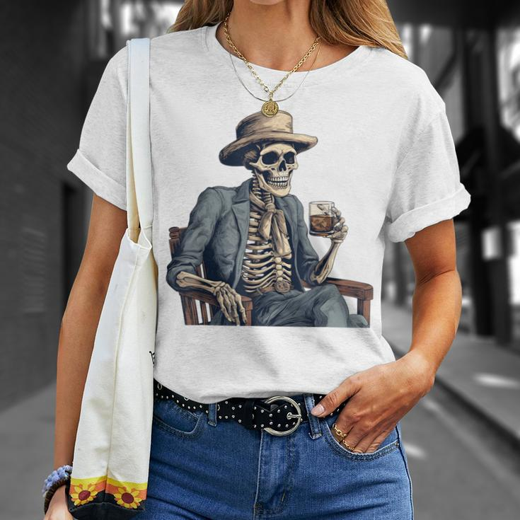 Cowboy Skeleton Drinking Whiskey Western Outlaw Skull Saloon T-Shirt Gifts for Her