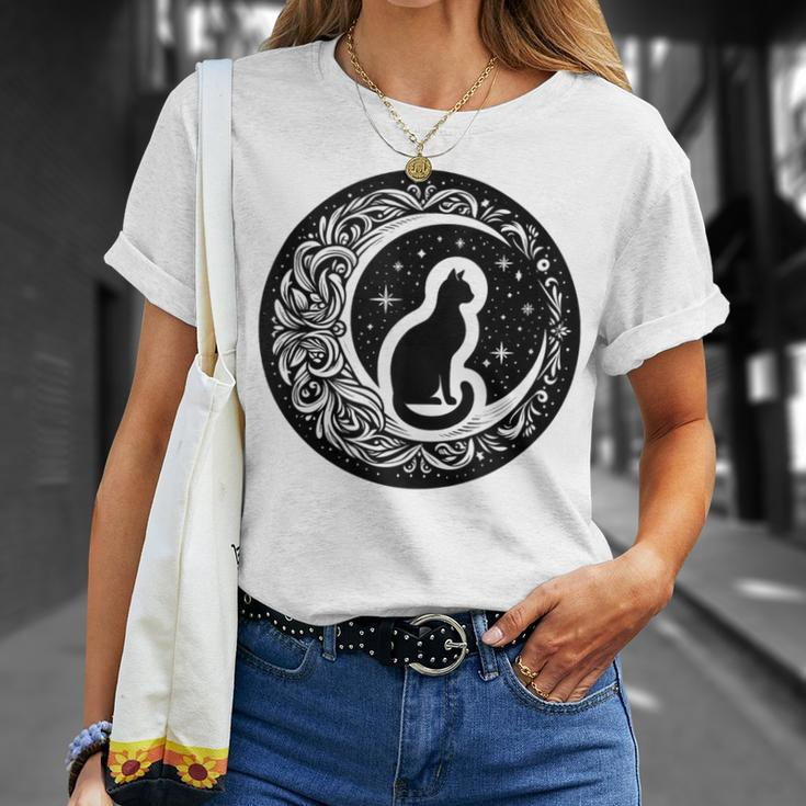 Drawing Cat Sitting On Crescent Moon Flowers Stars Women T-Shirt Gifts for Her