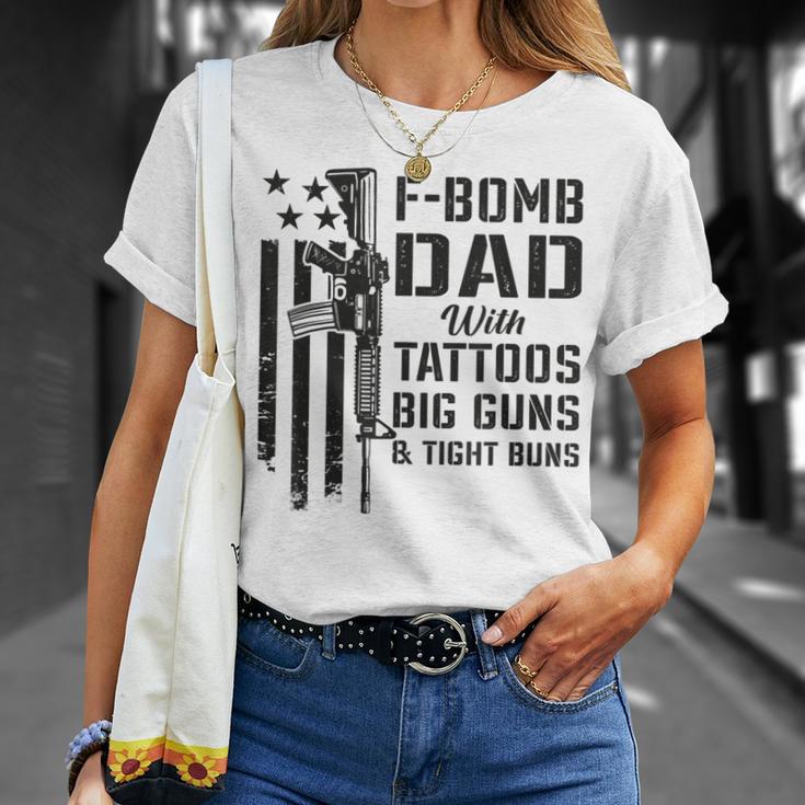 F Bomb Dad Tattoos Big Guns & Tight Buns Camo Gun T-Shirt Gifts for Her