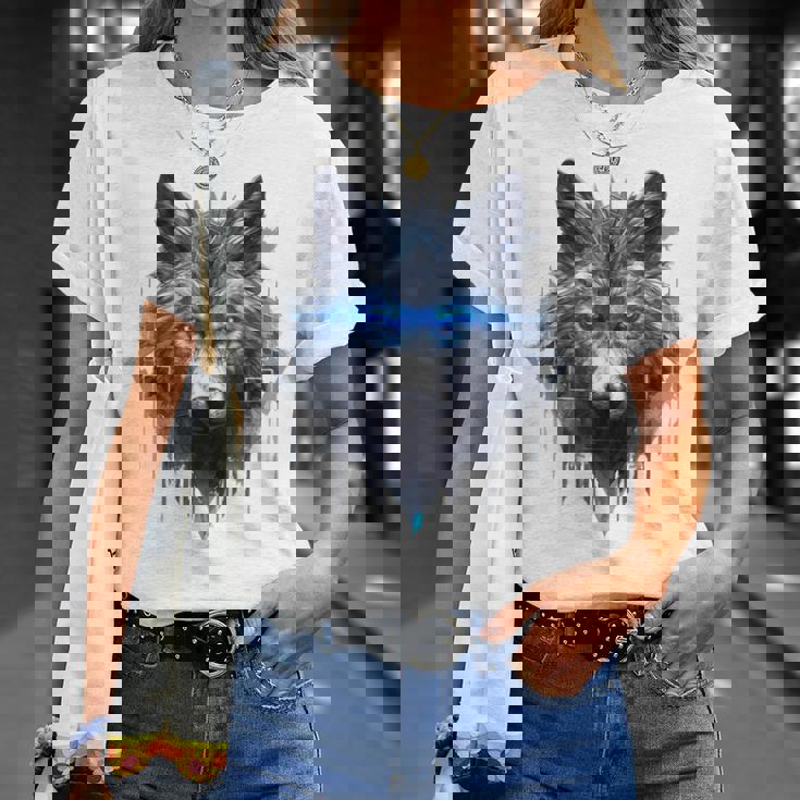 Fantasía De Lobo Ojos Azules Motivo De Animales Artísticos Lobo Camiseta unisex Regalos para ella