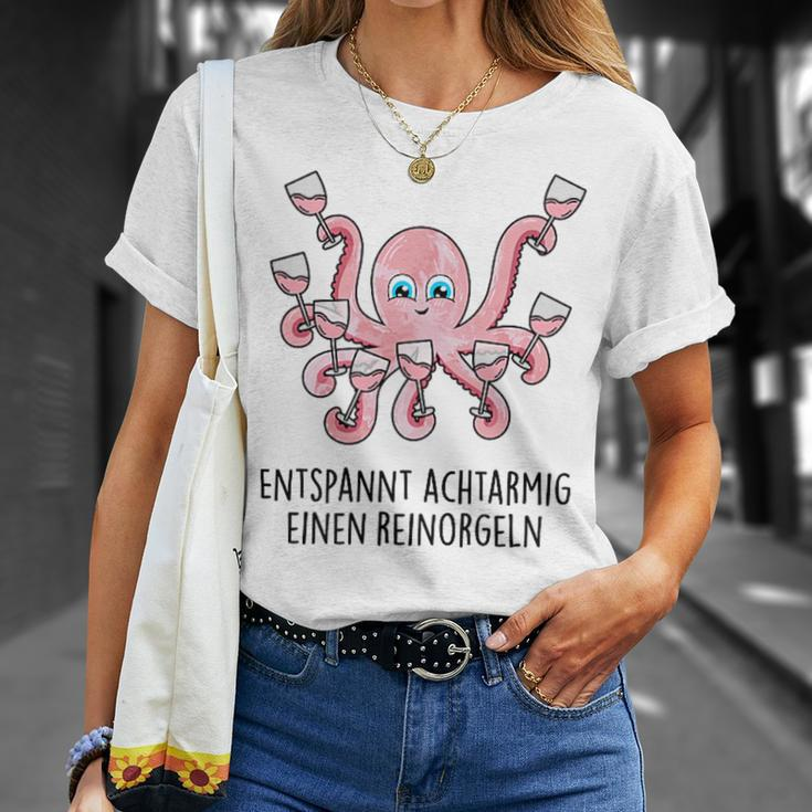 Fun Entspannt Achtarmig Einen Reinorgeln Tintenfisch Wein T-Shirt Geschenke für Sie