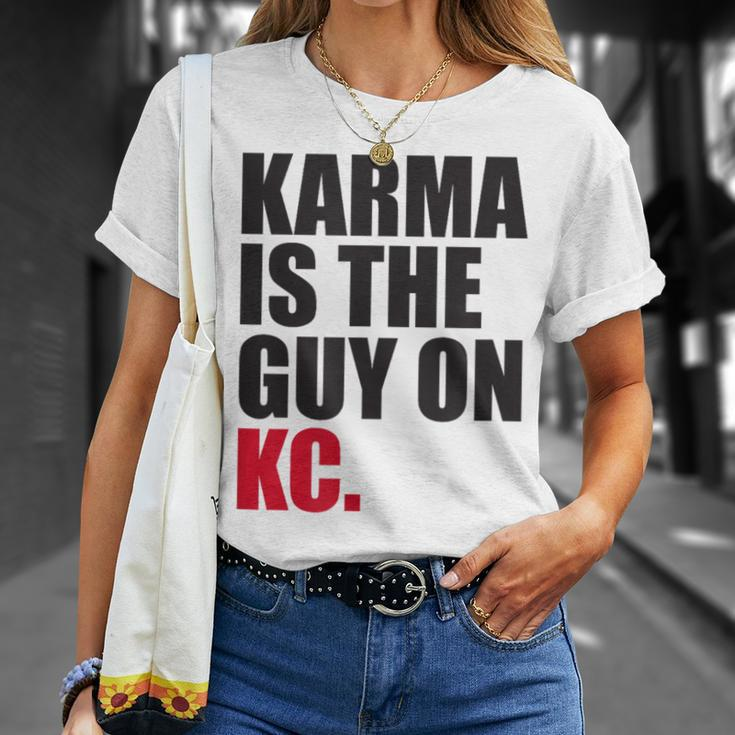Karma Is The Guy On Kc White Kansas City Football T-Shirt Gifts for Her