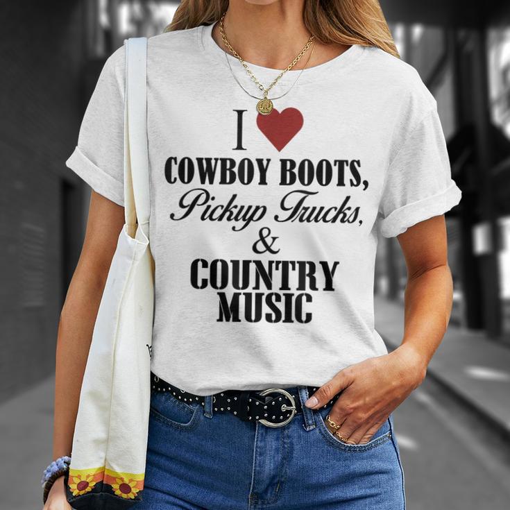 I Love Cowboy Boots Pick Up Trucks And Country Music T-Shirt Gifts for Her