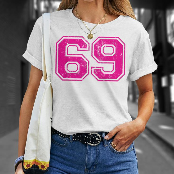 Number 69 Varsity Distressed Vintage Sport Team Player's T-Shirt Gifts for Her
