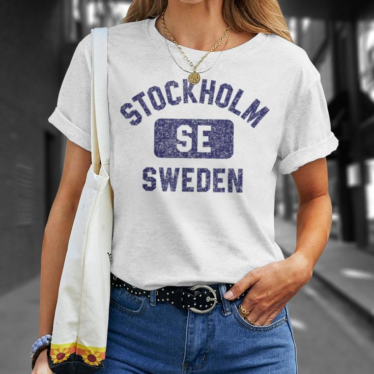 Stockholm Se Sweden Gym Style Distressed Navy Blue Print T-Shirt Gifts for Her