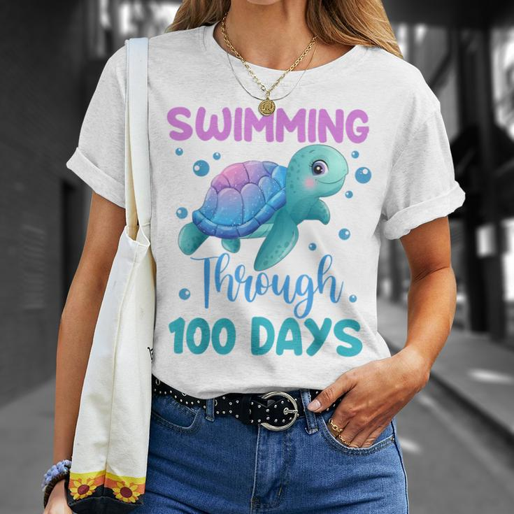 Swimming Through 100 Days Cute Turtle 100Th Day Of School T-Shirt Gifts for Her