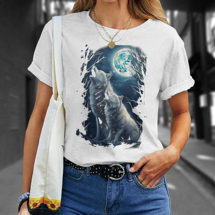 White Wolves Howling At Moon Vintage Wolf Lover T-Shirt Gifts for Her