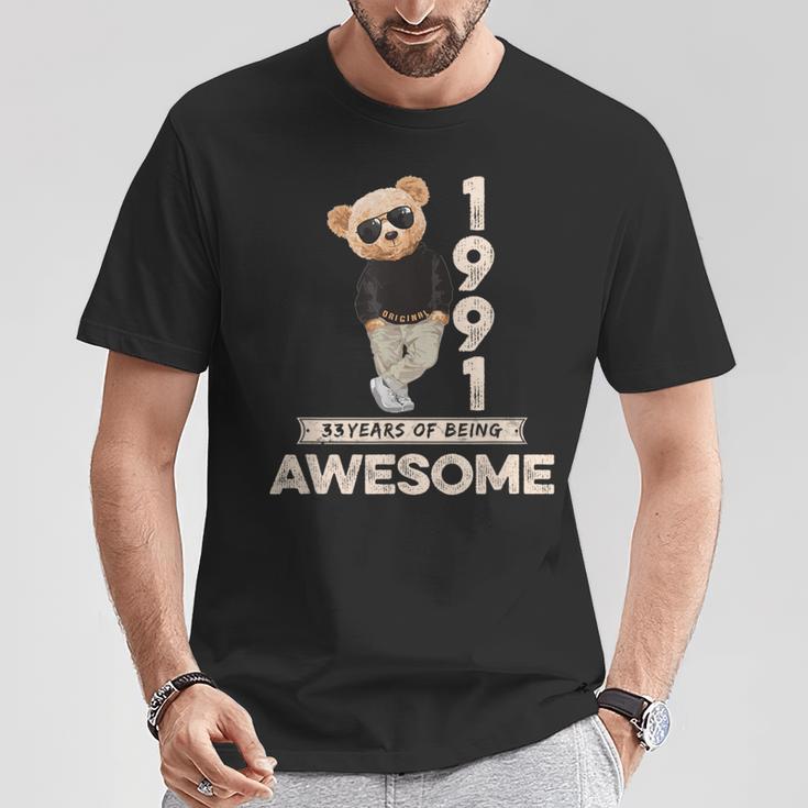 33 Geburtstag Herren Damen 1991 Original Awesome Teddybär T-Shirt Lustige Geschenke