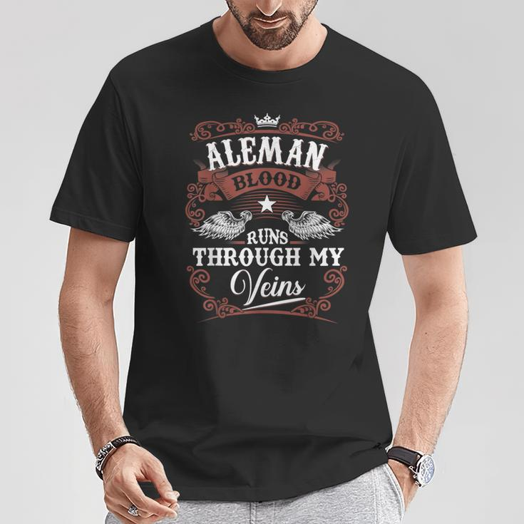 Aleman Blood Runs Through My Veins Vintage Family Name T-Shirt Funny Gifts