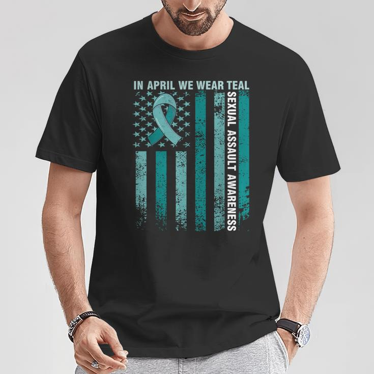 In April We Wear Teal Sexual Assault Awareness American Flag T-Shirt Funny Gifts