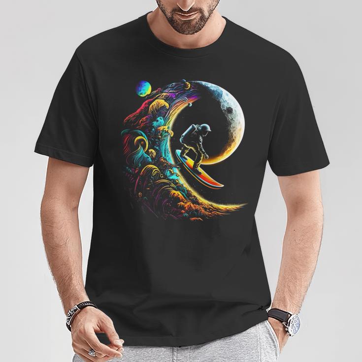 Astronaut Surfing Through Space Universe Galaxy Planets Moon T-Shirt Unique Gifts