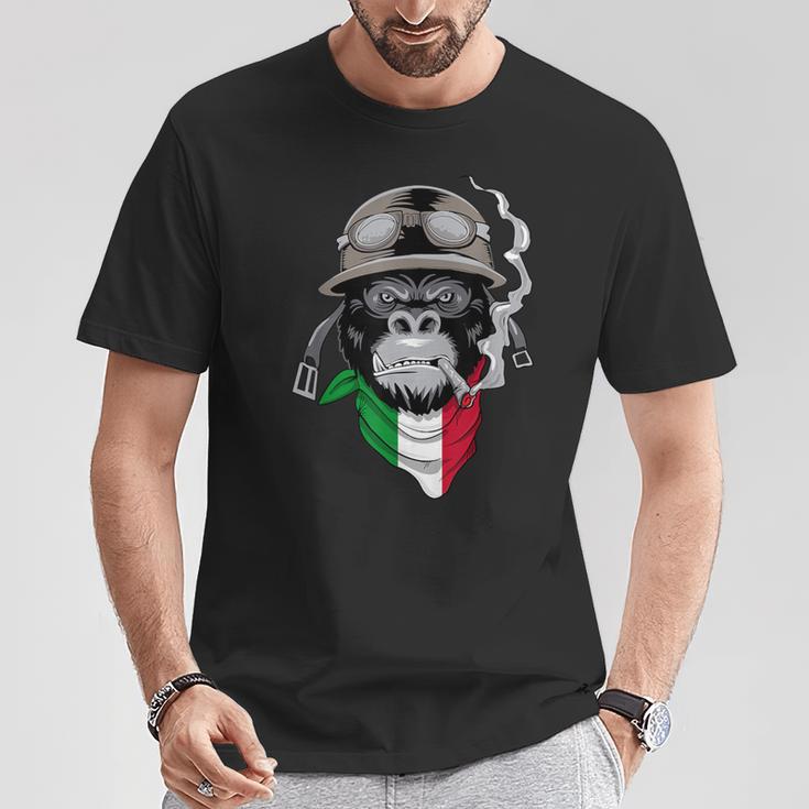 Aviator-Gorilla Grafik-T-Shirt, Italienisches Flaggen-Schal Design, Schwarz Lustige Geschenke