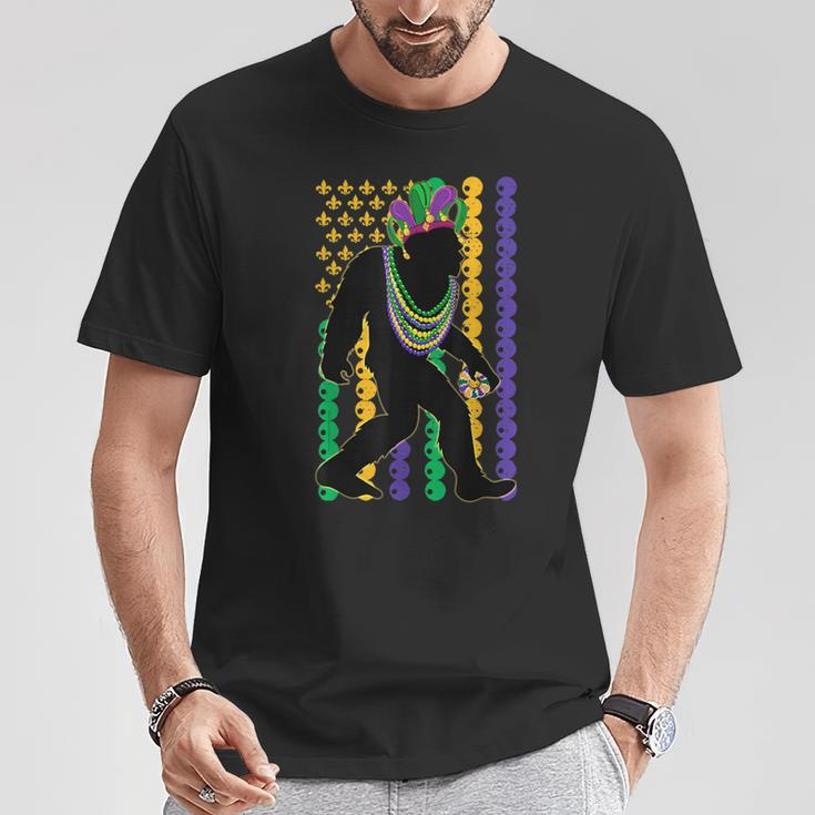 Bigfoot Wearing Hat Mardi Gras Beads With Flag Mardi Gras T-Shirt Personalized Gifts