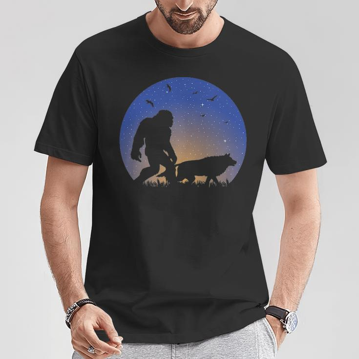 Bigfoot With Wolf Companion Silhouette Nightime Stars T-Shirt Unique Gifts