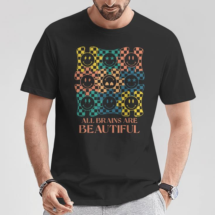 All Brains Are Beautiful Smile Face Autism Awareness Groovy T-Shirt Unique Gifts