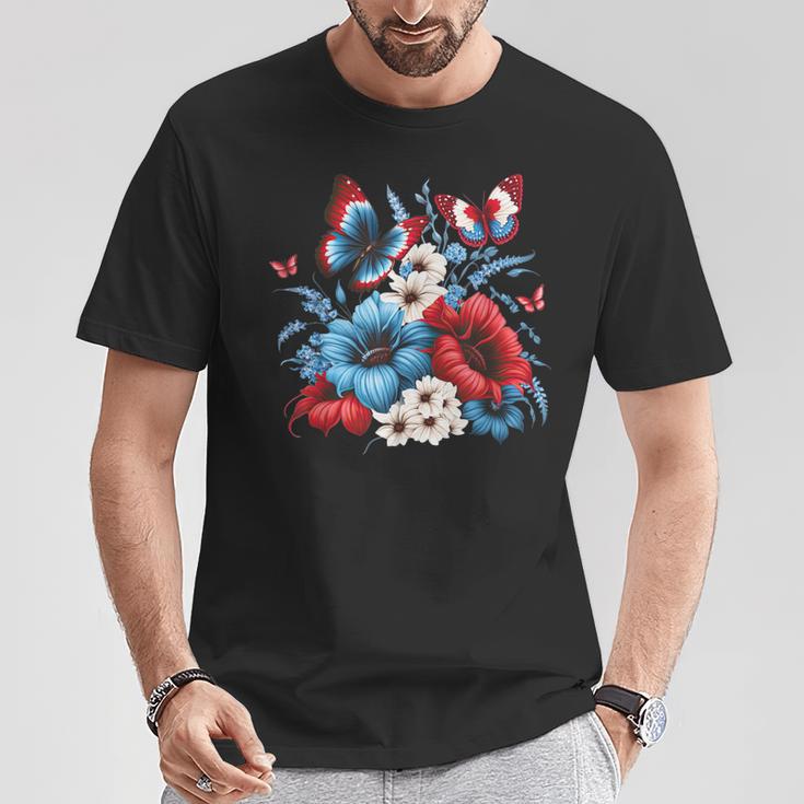 Butterfly Flowers Red White And Blue 4Th Of July Patriotic T-Shirt Unique Gifts