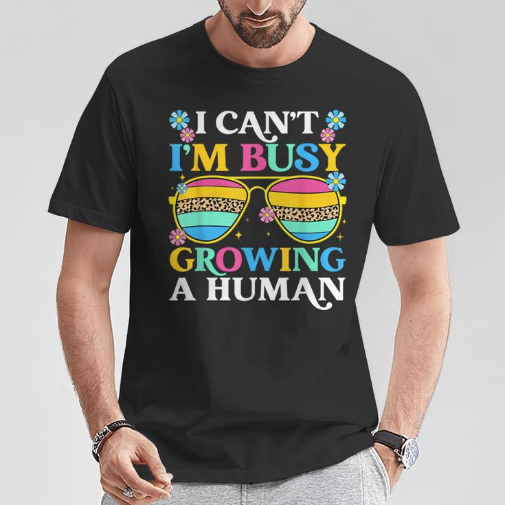 I Can't I'm Busy Growing A Human Pregnancy Announcement Mom T-Shirt Personalized Gifts