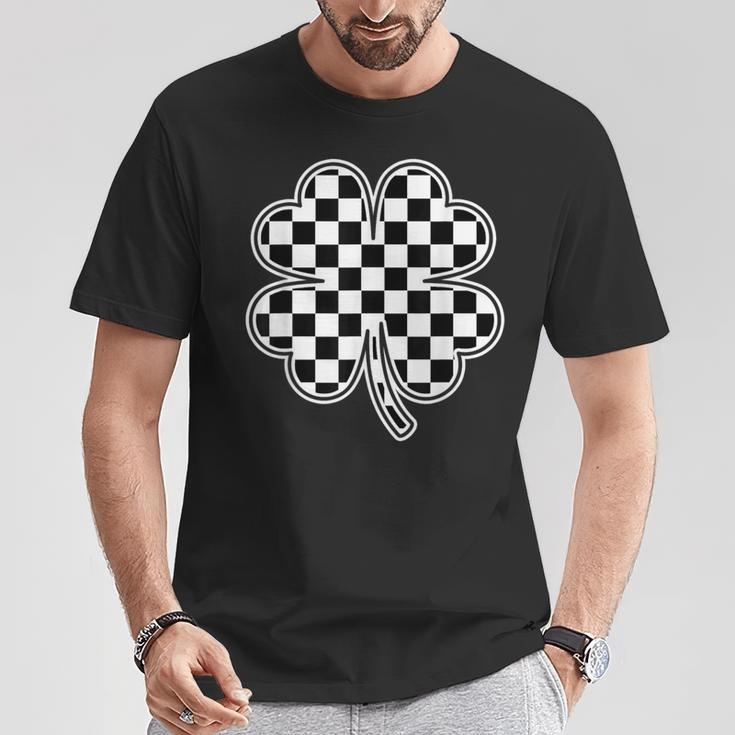 Checkered Four Leaf Clover Race Car Gamer St Patrick's Day T-Shirt Funny Gifts