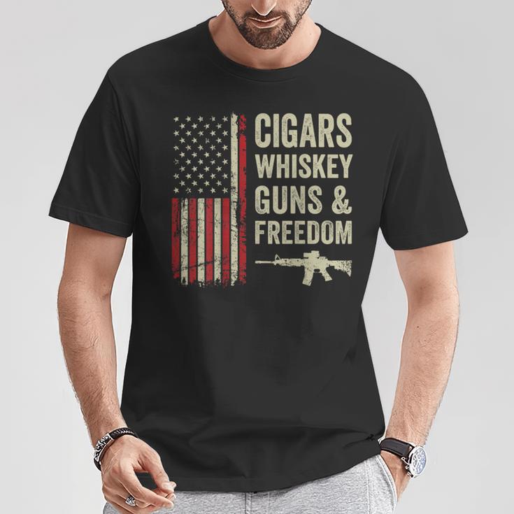 Cigars Whiskey Guns & Freedom Usa Flag 4Th Of July Back T-Shirt Unique Gifts