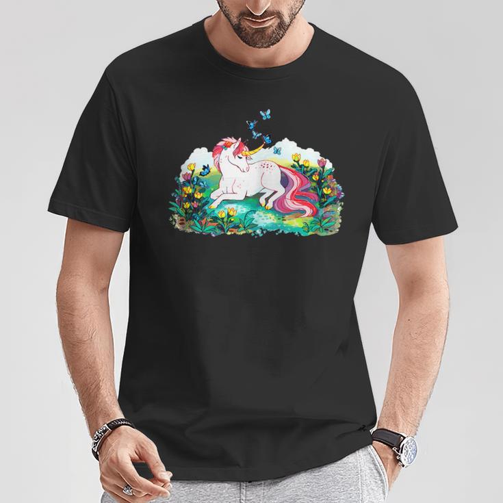 Colorful Unicorn Laying In A Flower Filled Field T-Shirt Unique Gifts