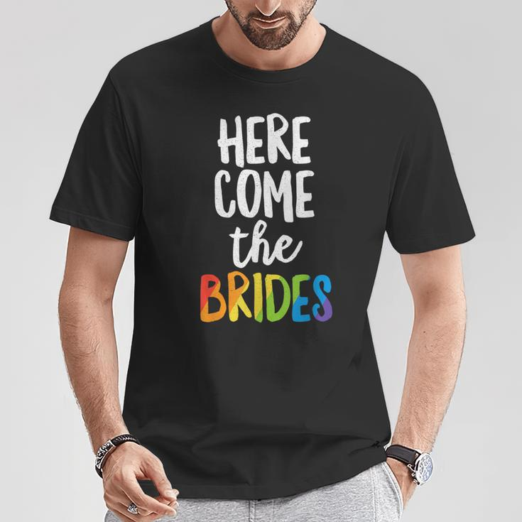 Here Comes The Brides Lesbian Pride Lgbt Wedding T-Shirt Unique Gifts