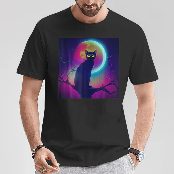 Cute Black Cat Spooky Yellow Purple Full Moon Logo T-Shirt Unique Gifts