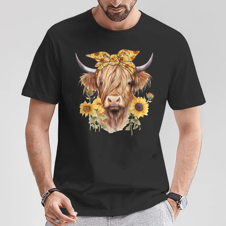 Cute Scottish Highland Cow Wearing Sunflower Bandana Heifer T-Shirt Unique Gifts