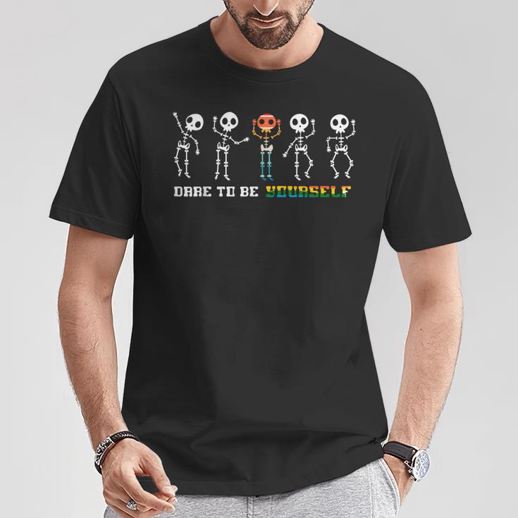 Dare To Be Yourself Be Different Lgbt Pride Skeleton Skull T-Shirt Unique Gifts