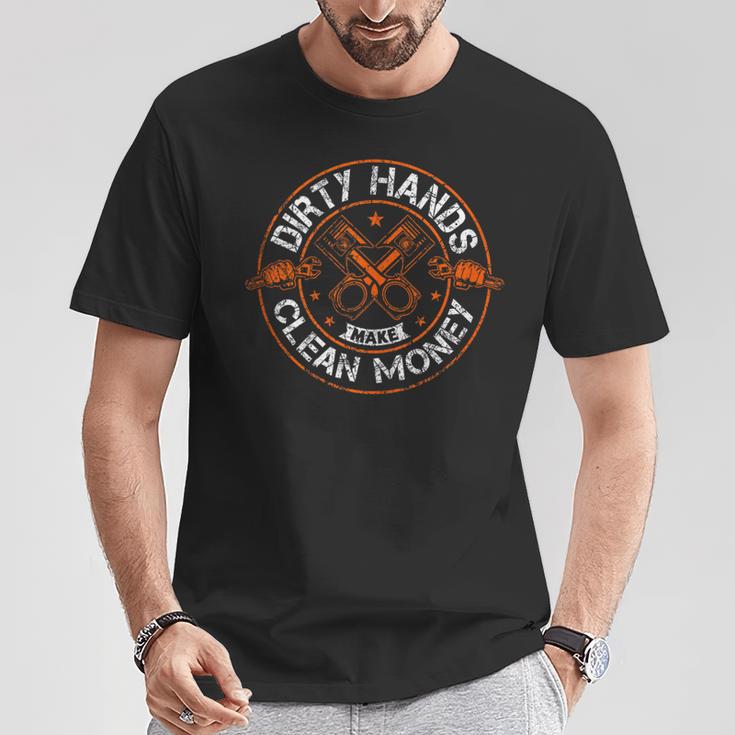Dirty Hands Make Clean Money Funny Mechanic T-Shirt - Unisex Dark Heather Tee For Handymen, Electricians - View #4