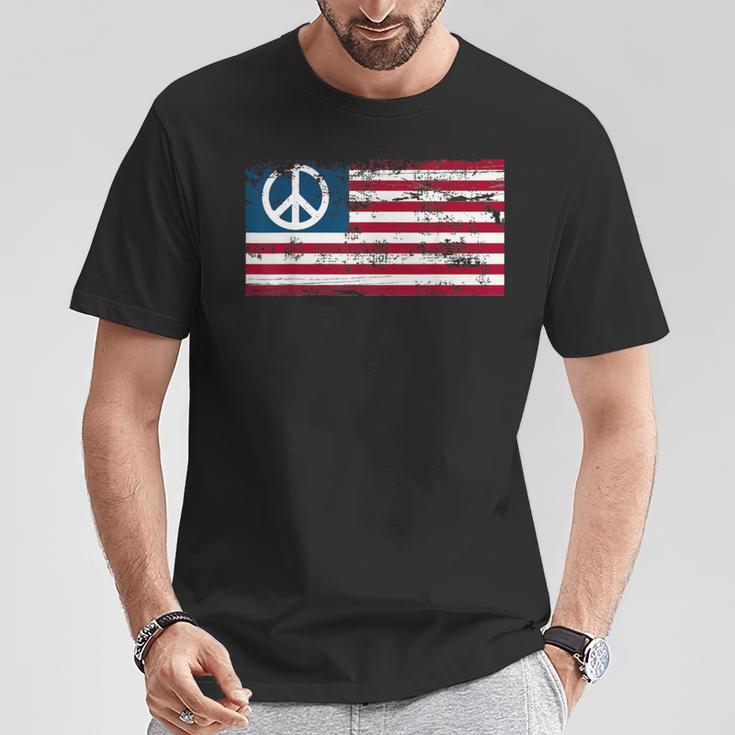 Distressed American Usa Flag With Peace Sign T-Shirt Unique Gifts